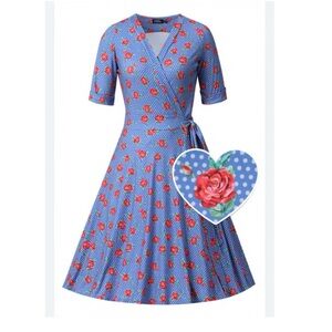 Dolly and Dotty Matilda Red Rose Wrap Dress In Blue